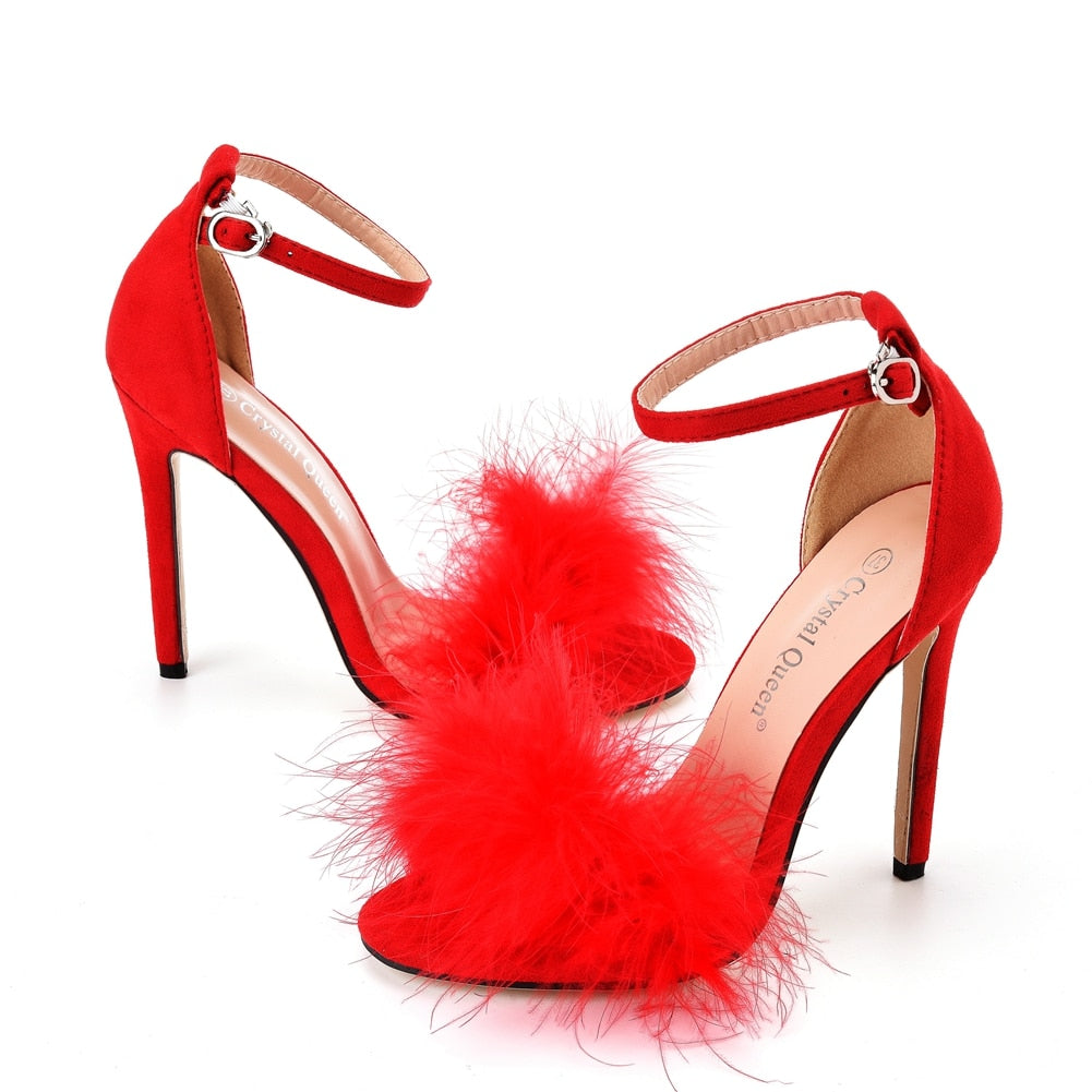 Fluffy Peep Toe Stilettos with Fur Feather