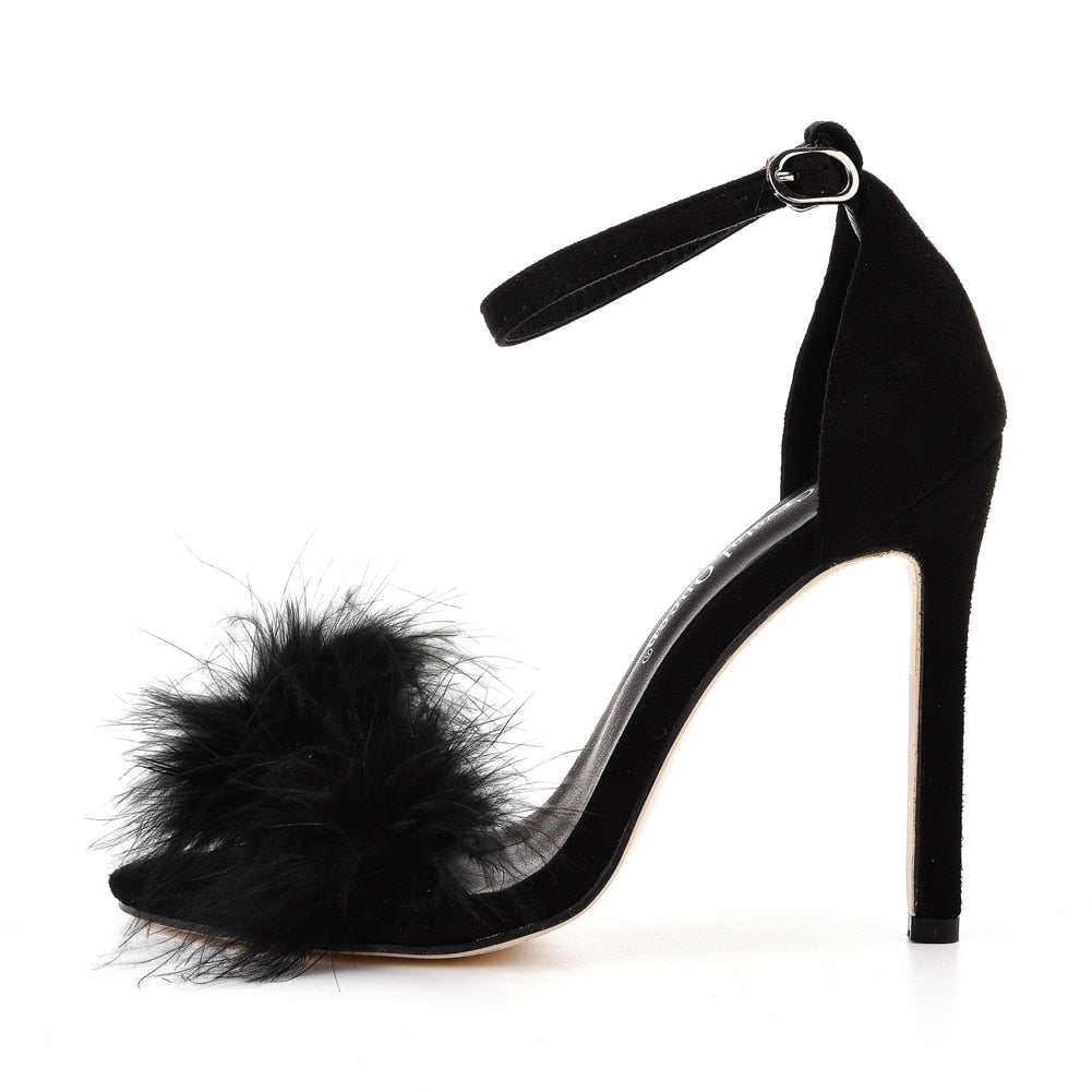 Fluffy Peep Toe Stilettos with Fur Feather